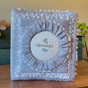 Vtg Lace Fabric Padded Photo Album wedding silver blue Journal Scrapbook paisley